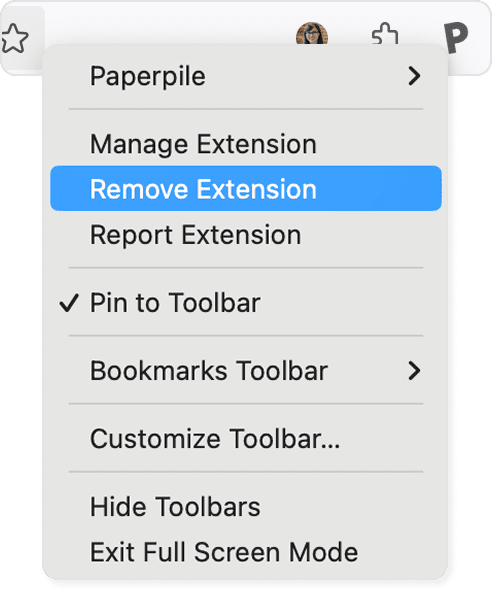 The right-click menu on the Paperpile button in the Firefox toolbar with “Remove Extension” highlighted, above Report Extension and a ticked “Pin to Toolbar”.
